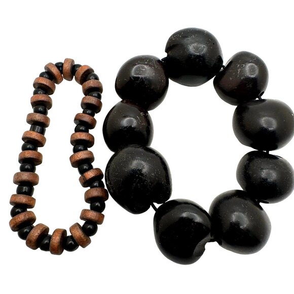 2 Island Boho Chic Bracelets Stretch Beaded Black Brown Kukui Nut Wood Glass - Picture 6 of 6